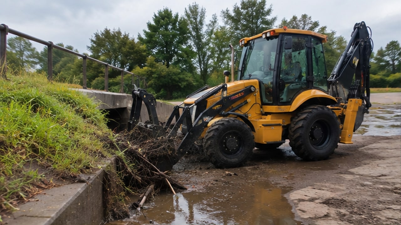 Backhoe Loader Case: Restoring Drainage After a Severe Storm